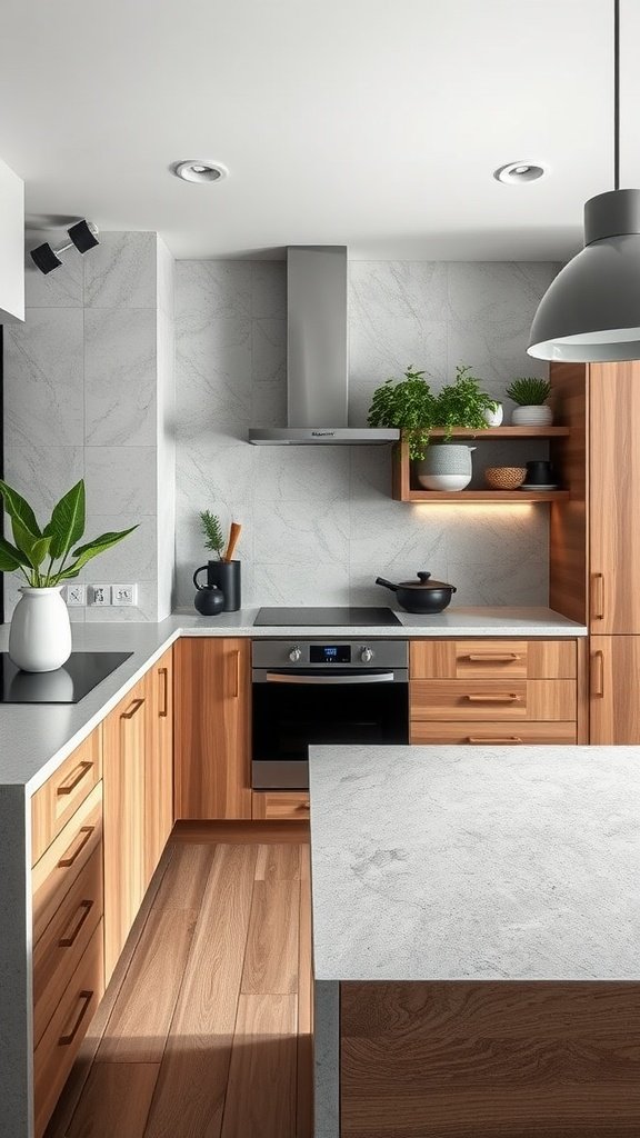 A modern minimalist kitchen featuring textured surfaces with wood cabinets and smooth countertops.