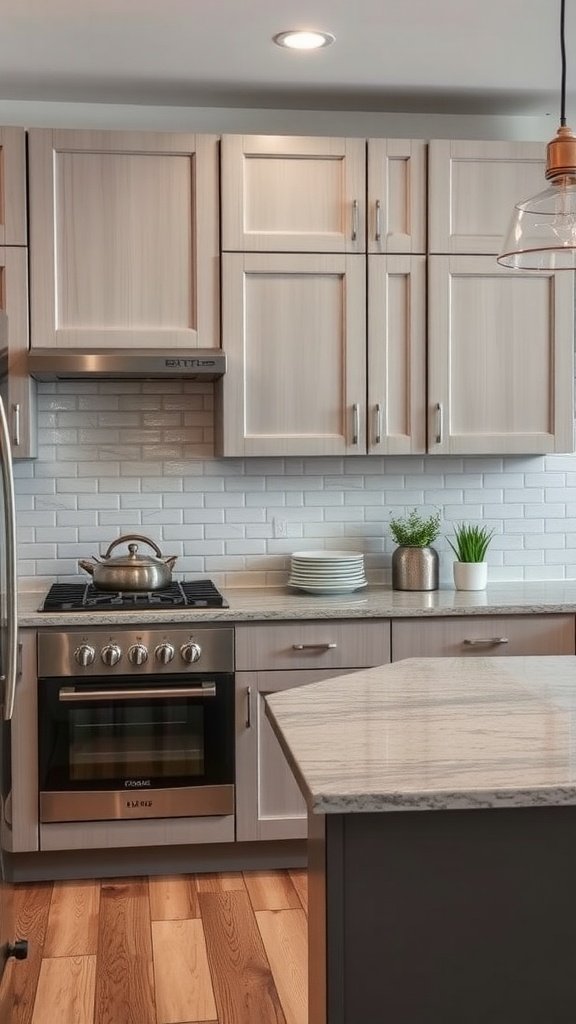 A modern kitchen with light wood cabinets, a gray island, and a stylish backsplash.