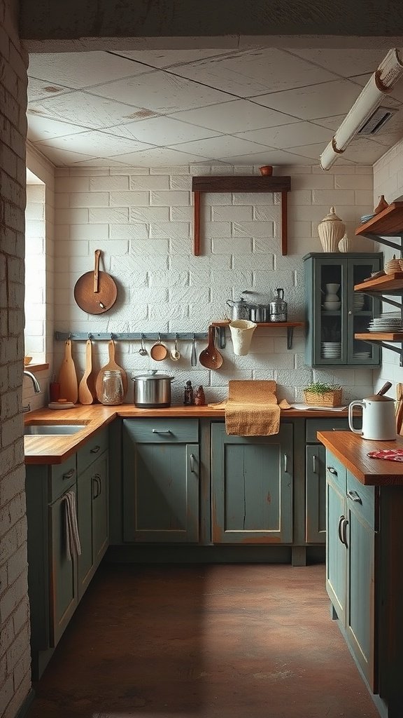 A cozy kitchen featuring textured surfaces with wooden cabinets and shelves.