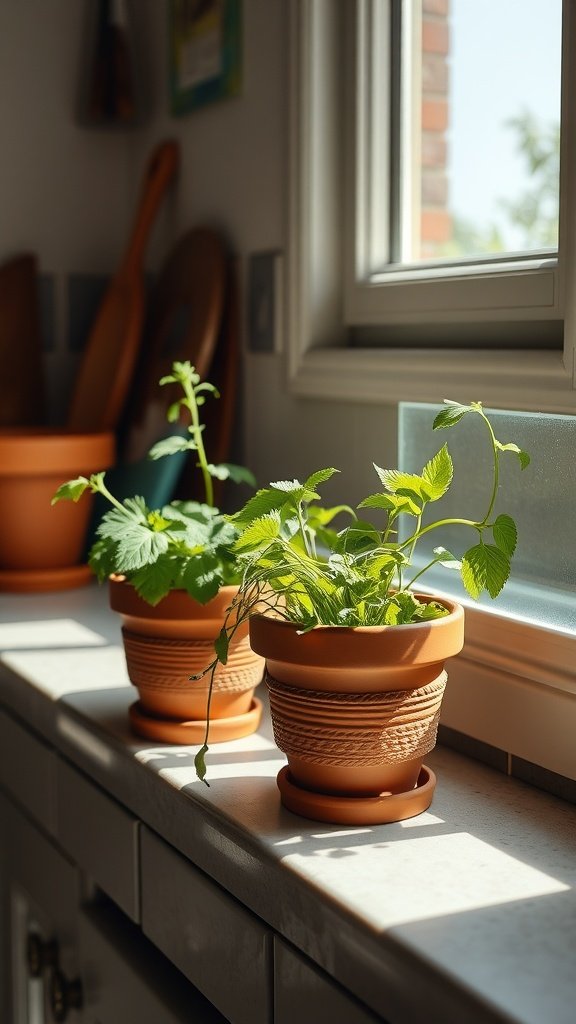 Terracotta pots with herbs on a kitchen windowsill