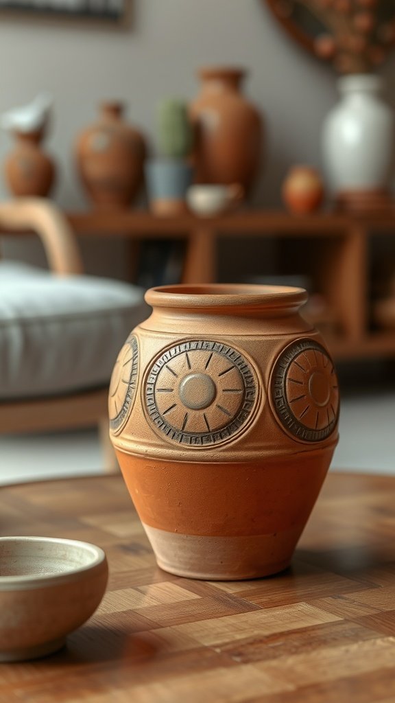 A textured terracotta pot with intricate designs next to a small bowl on a wooden table.