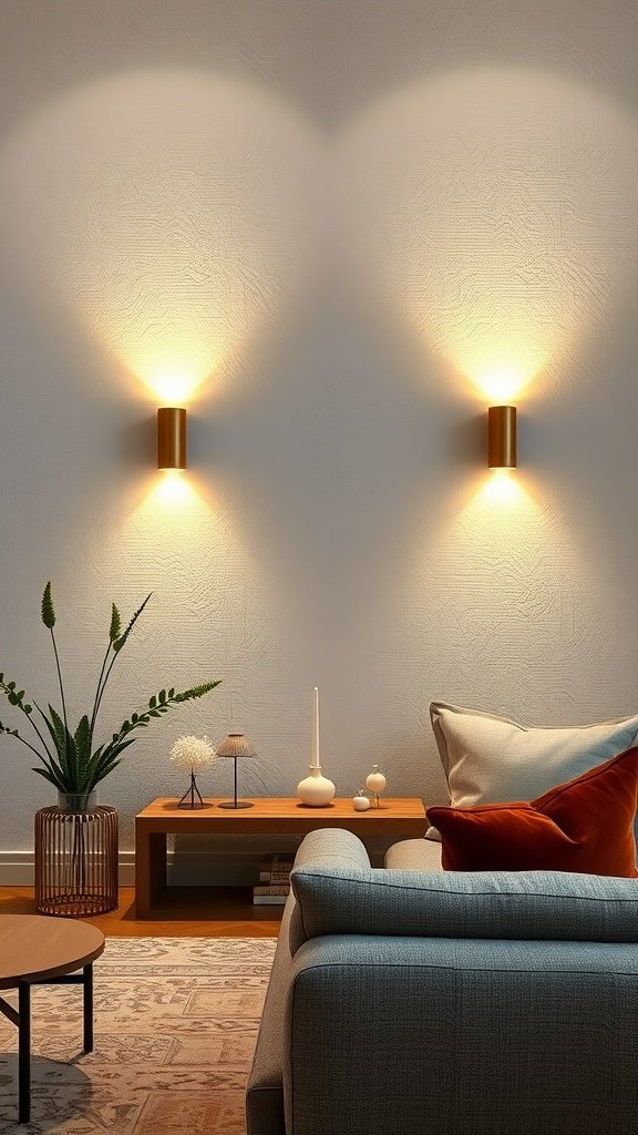 Stylish wall lights illuminating a textured wall in a cozy living room setting.