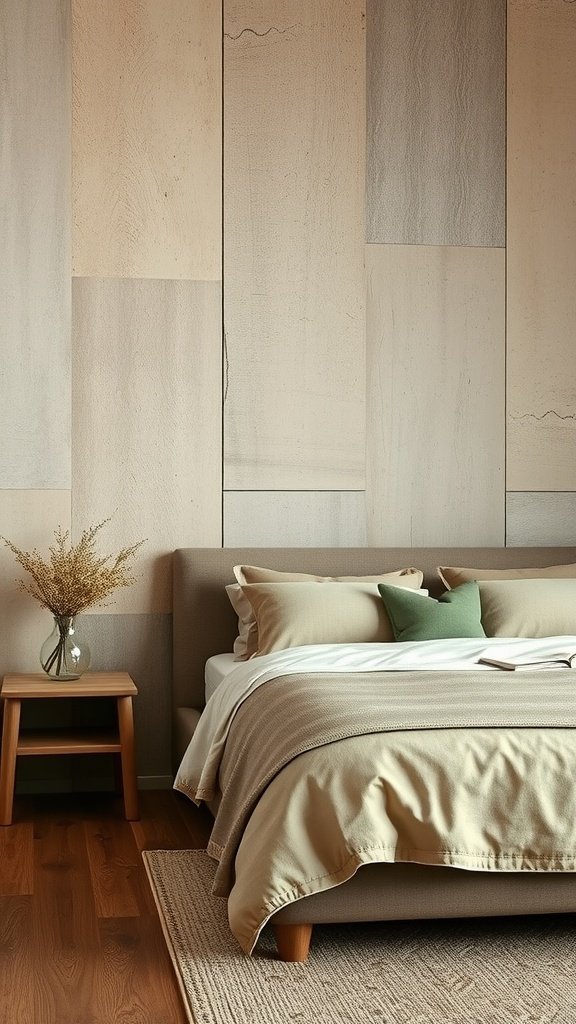 A cozy bedroom with textured wall linings in earthy tones, featuring a warm color palette.