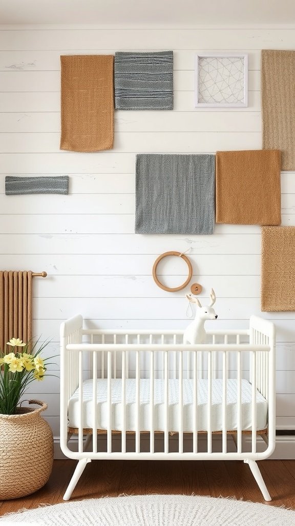 A nursery featuring textured wall treatments with knitted and woven pieces in soft colors.