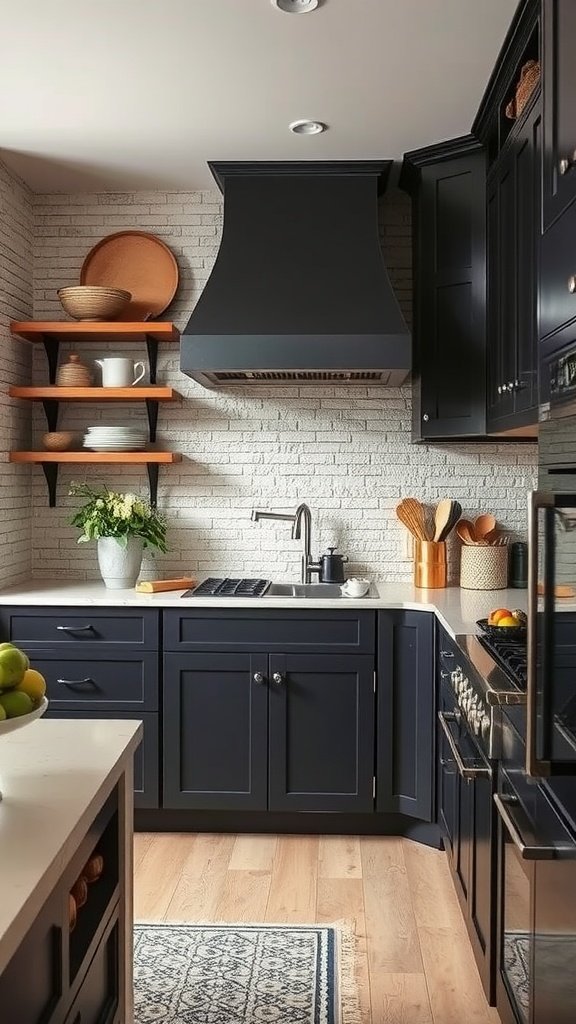 A modern kitchen showcasing textured wall treatments with wood and stone elements.