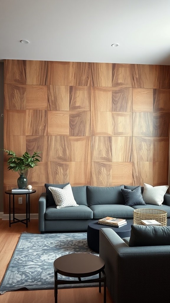 A modern living room featuring textured walnut panels on the wall, a stylish light fixture, and comfortable furniture.