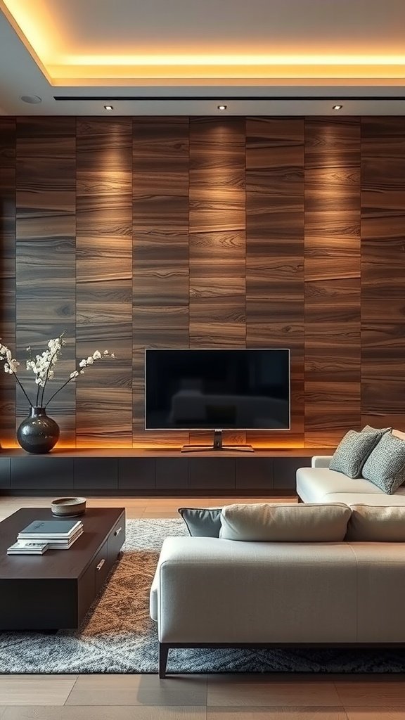 A modern living room with a textured wood panel wall and stylish lighting.