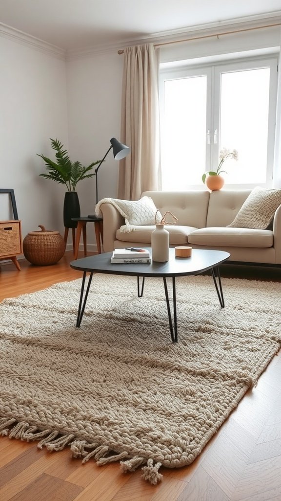 A cozy living room featuring a textured wool rug, a light sofa, and natural decor.