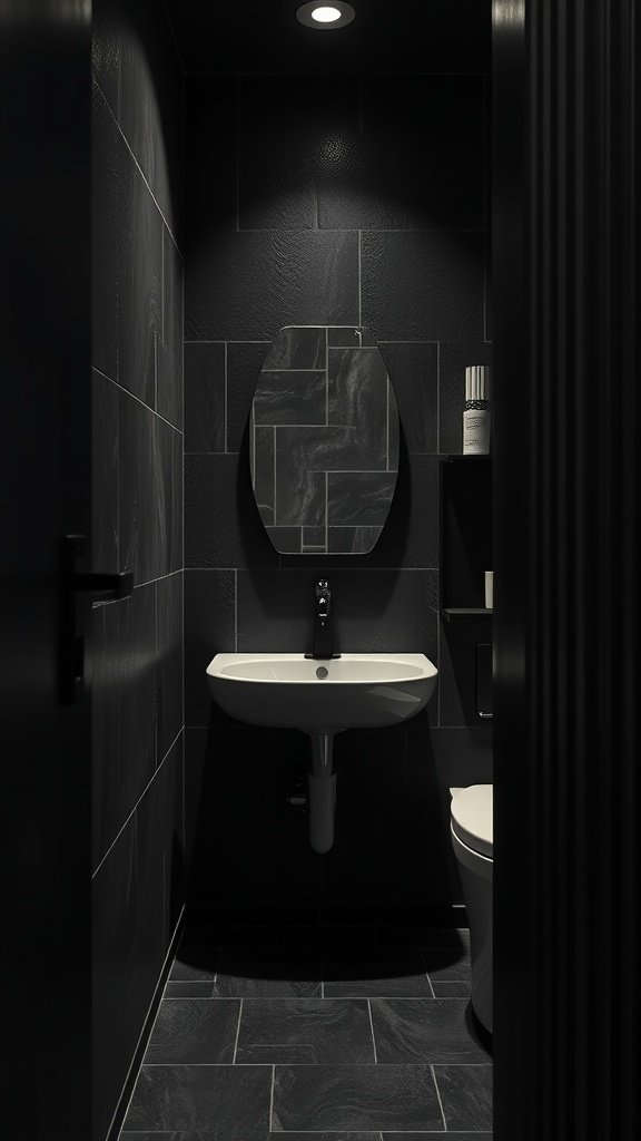 A dark bathroom featuring textured black tiles, a modern sink, and a sleek mirror.