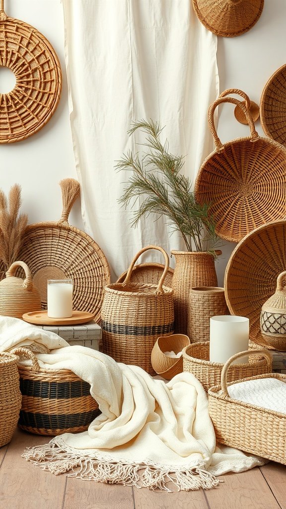 A collection of woven baskets, a soft cream blanket, and candles arranged on a wooden surface, creating a cozy and textured display.