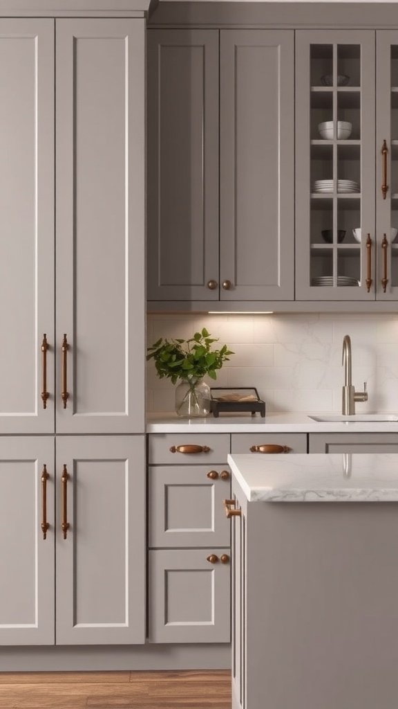 Modern kitchen with antique hardware on cabinets.