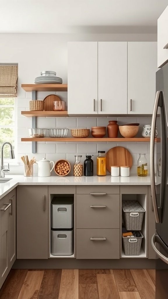A modern kitchen with open shelves and organized storage solutions.