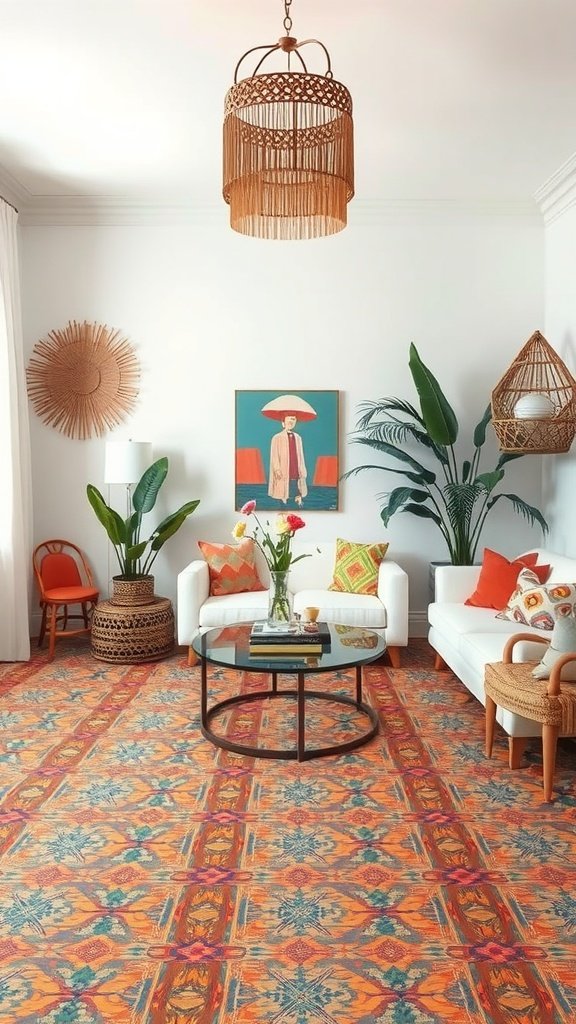 A living room featuring colorful patterned flooring, boho decor, and plants.