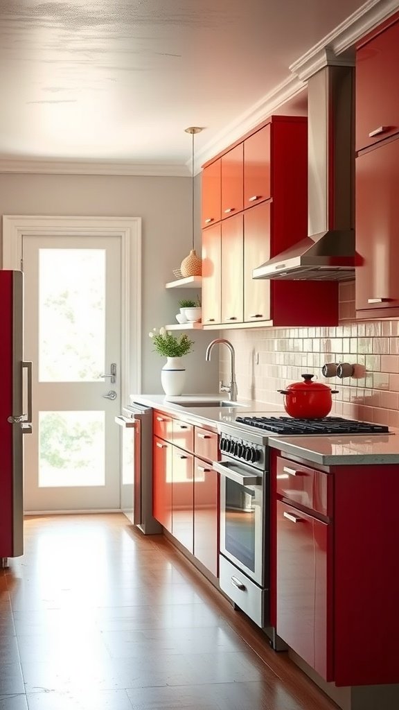A modern kitchen featuring red cabinets and classic appliances.