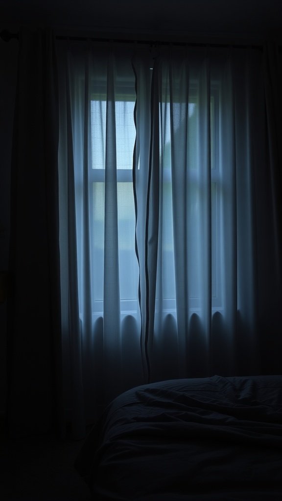 Thick curtains covering a window in a dimly lit bedroom