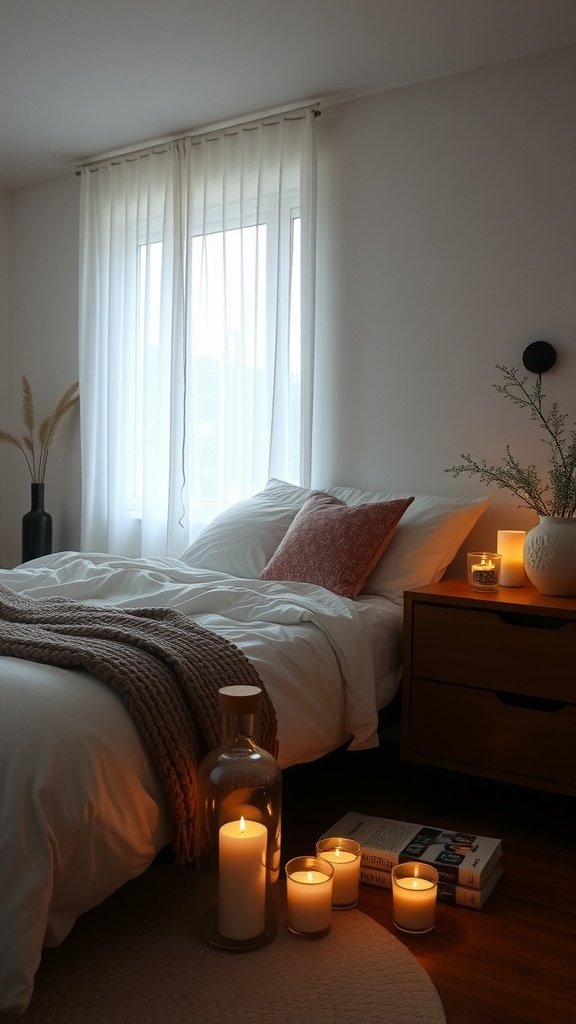 A cozy bedroom with candles and soft lighting