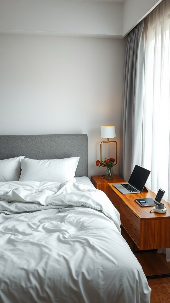 A modern bedroom featuring a neatly made bed, nightstand with flowers, a lamp, and tech gadgets.