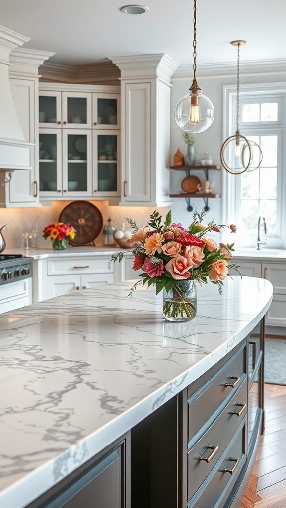 A beautifully designed kitchen featuring marble countertops and a floral centerpiece.