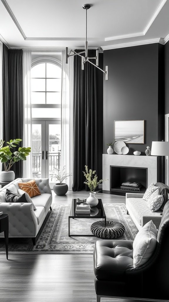 A luxurious black and white living room featuring elegant furniture and decor.