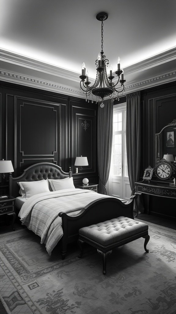 A black and white bedroom featuring a luxurious bed and elegant decor.