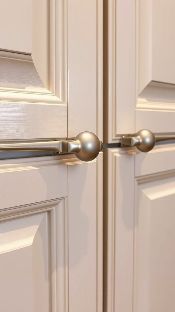 Close-up view of kitchen cabinet doors with round metallic knobs.