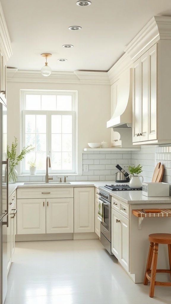 A bright kitchen with soft white cabinets, a neutral countertop, and a cozy atmosphere.