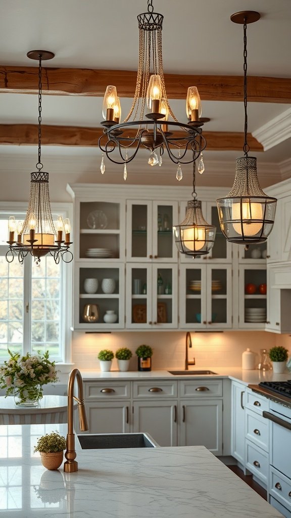 Modern kitchen featuring a mix of traditional and contemporary lighting fixtures.