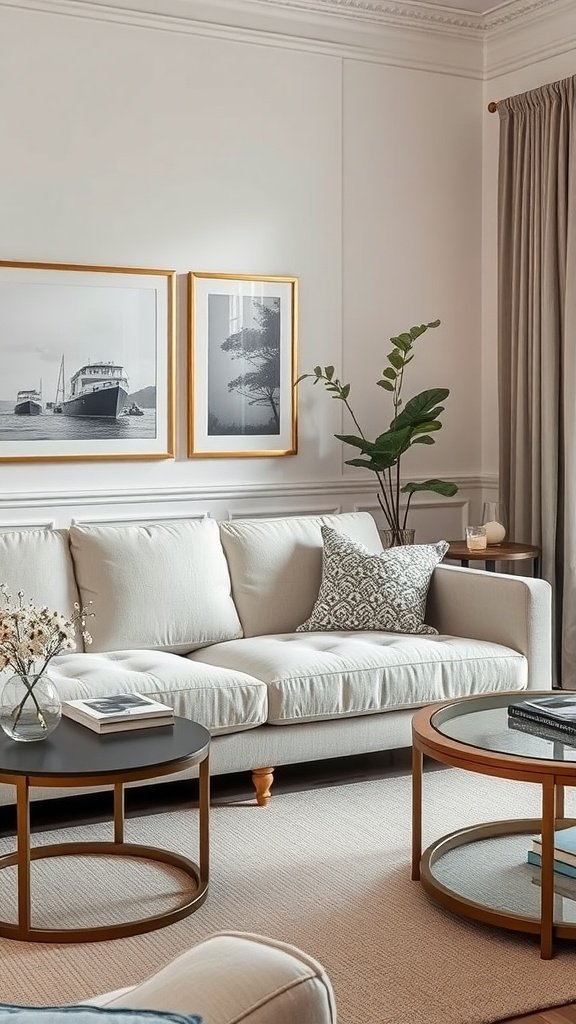 A stylish linen sofa in a classy living room setting with decorative elements.