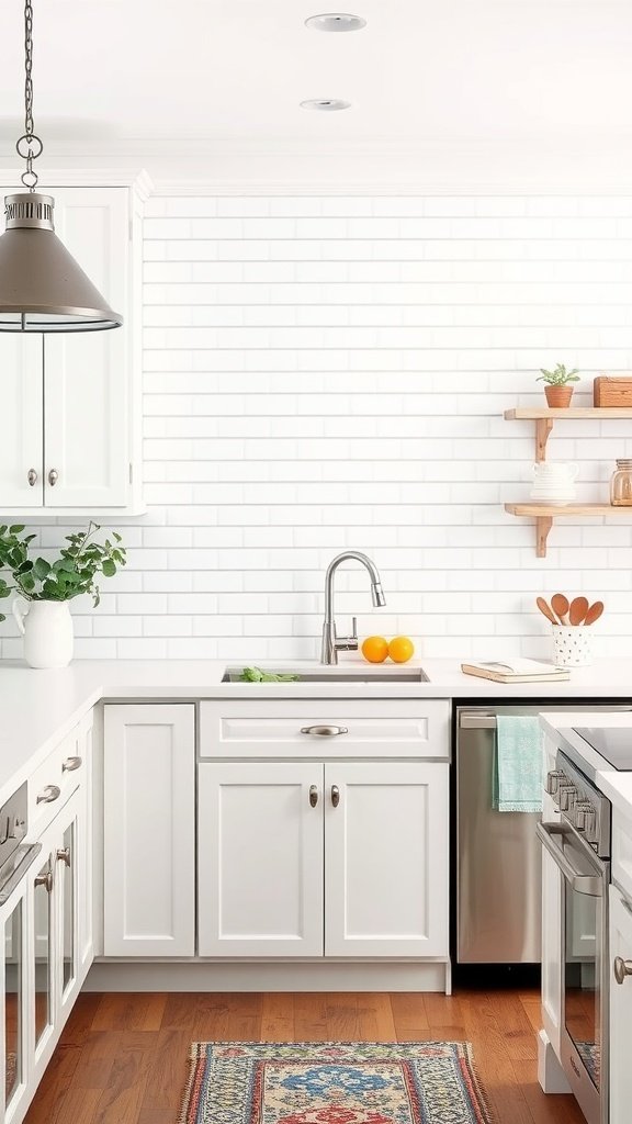 A cozy farmhouse kitchen featuring a subway tile backsplash.