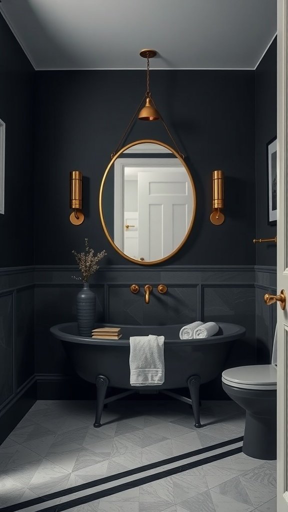A dark bathroom featuring a unique tub, golden accents, and asymmetric striped design.
