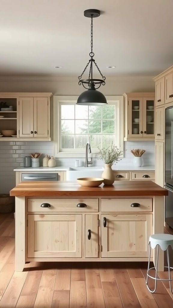 A traditional farmhouse kitchen island with warm wood tones and a cozy feel.
