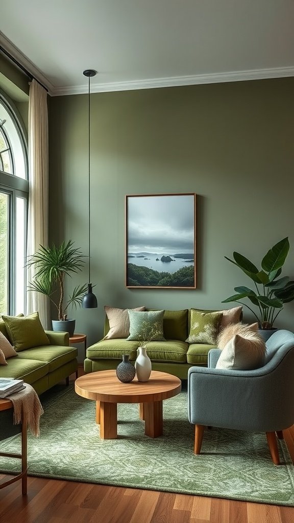 A tranquil living room featuring green sofas, a wooden coffee table, and a large window with natural light.