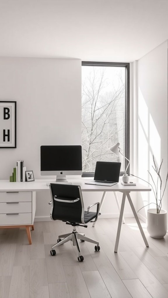 A minimalistic home office with a white desk, computer, and large window letting in natural light.