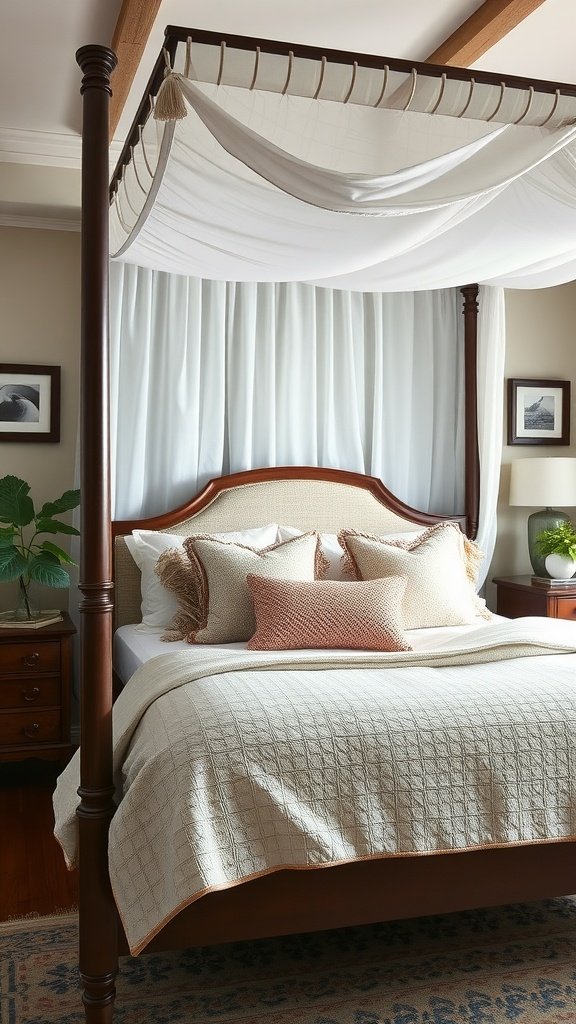 A cozy canopy bed with light fabric draped over a wooden frame, featuring neutral bedding and decorative pillows.