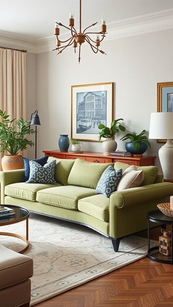 A cozy living room showcasing a sage green sofa with patterned pillows, warm wood accents, and a stylish light fixture.
