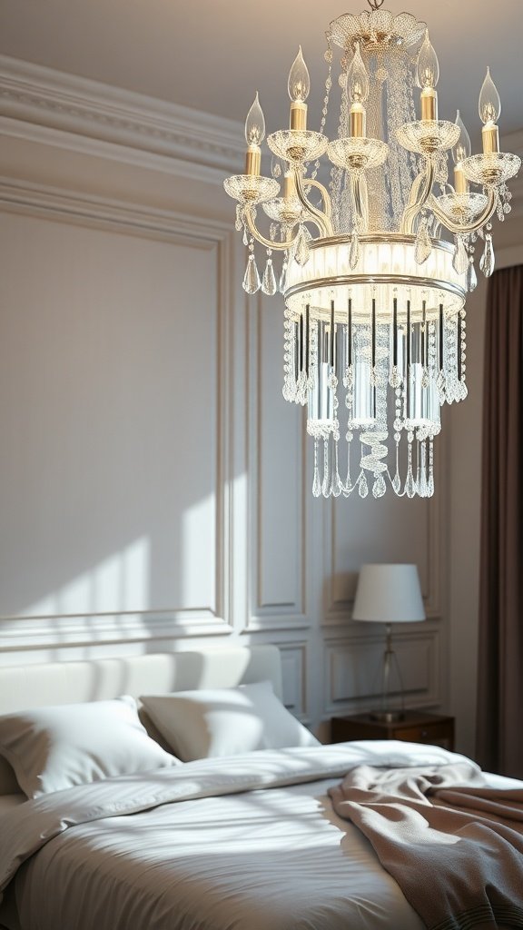 A luxurious bedroom with a translucent acrylic chandelier casting a soft glow.