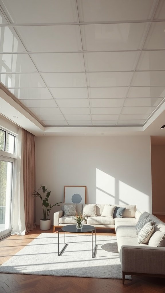 A living room with translucent ceiling panels allowing soft light to fill the space.
