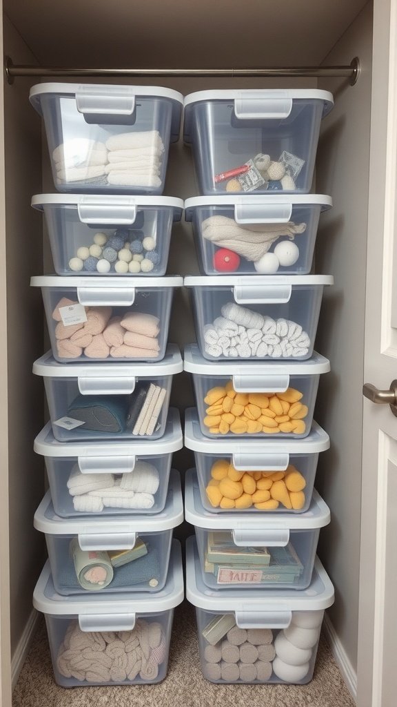 Closet filled with stacked transparent storage bins containing various items.