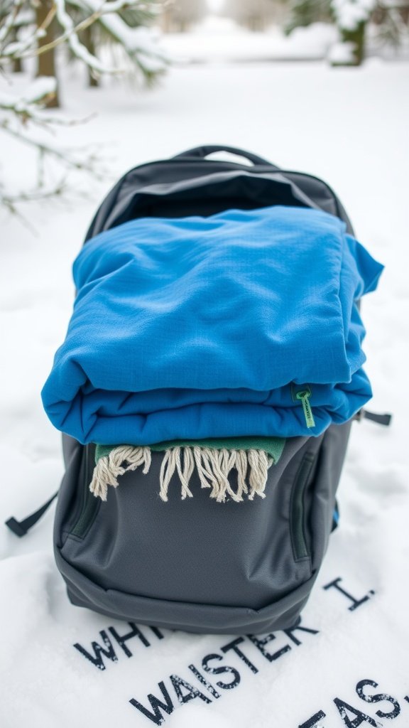 A travel size blanket folded neatly on top of a backpack in snowy surroundings.