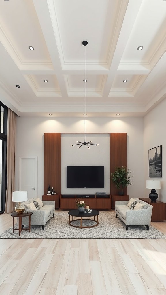 A modern living room featuring a stylish tray ceiling design with recessed lighting.