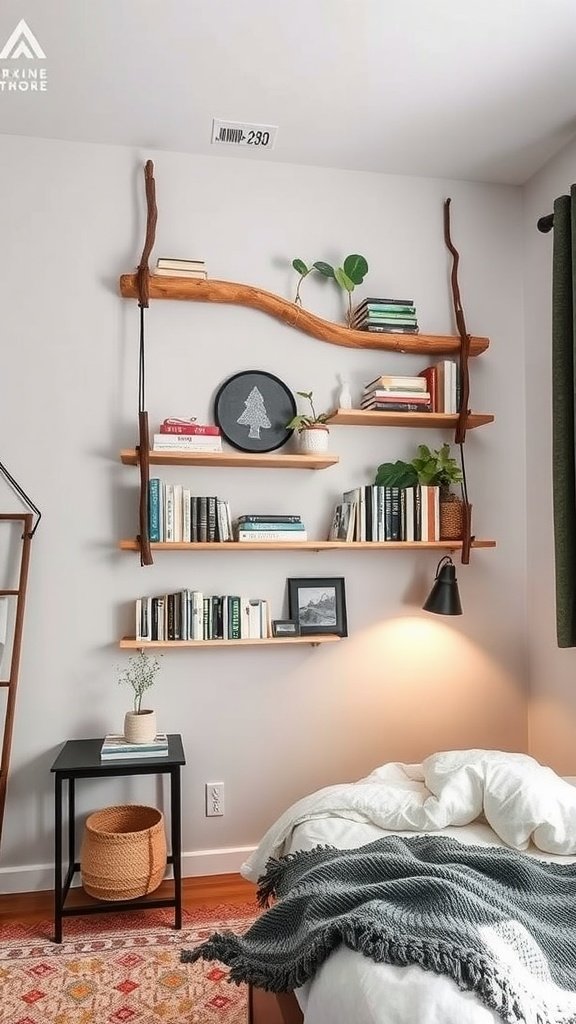 Rustic tree branch hanging shelves in a cozy bedroom.