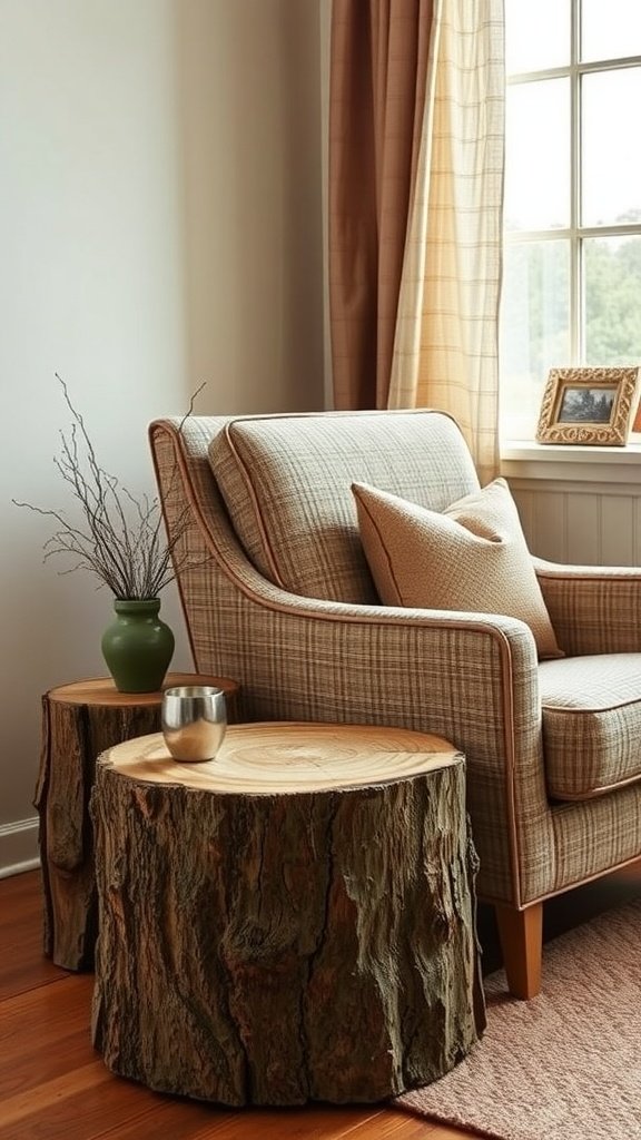 A cozy living area featuring tree stump end tables next to a comfortable armchair.