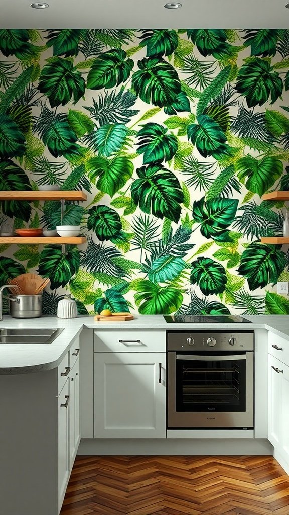 Kitchen with tropical leaf motif wallpaper and modern appliances.