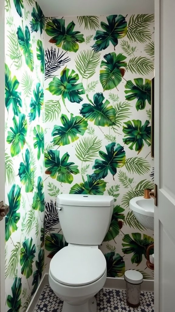 A small bathroom with tropical leaf wallpaper, featuring green leaves and a white toilet.
