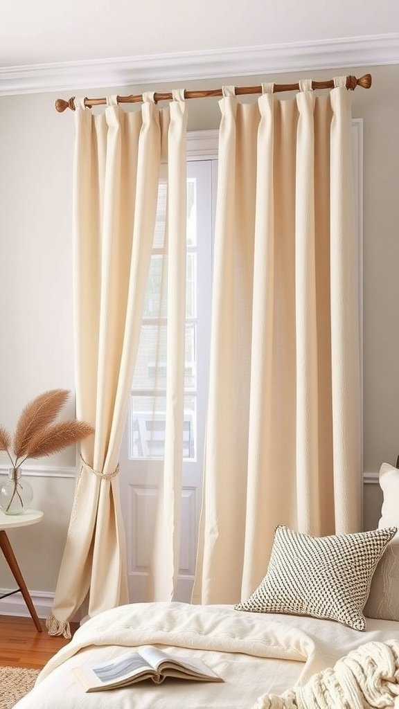 A cozy bedroom with twig curtain rods and light beige curtains.