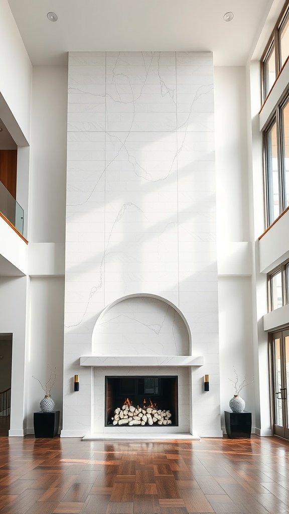 A modern two-story fireplace featuring a clean design with a white marble finish, surrounded by large windows and hardwood flooring.