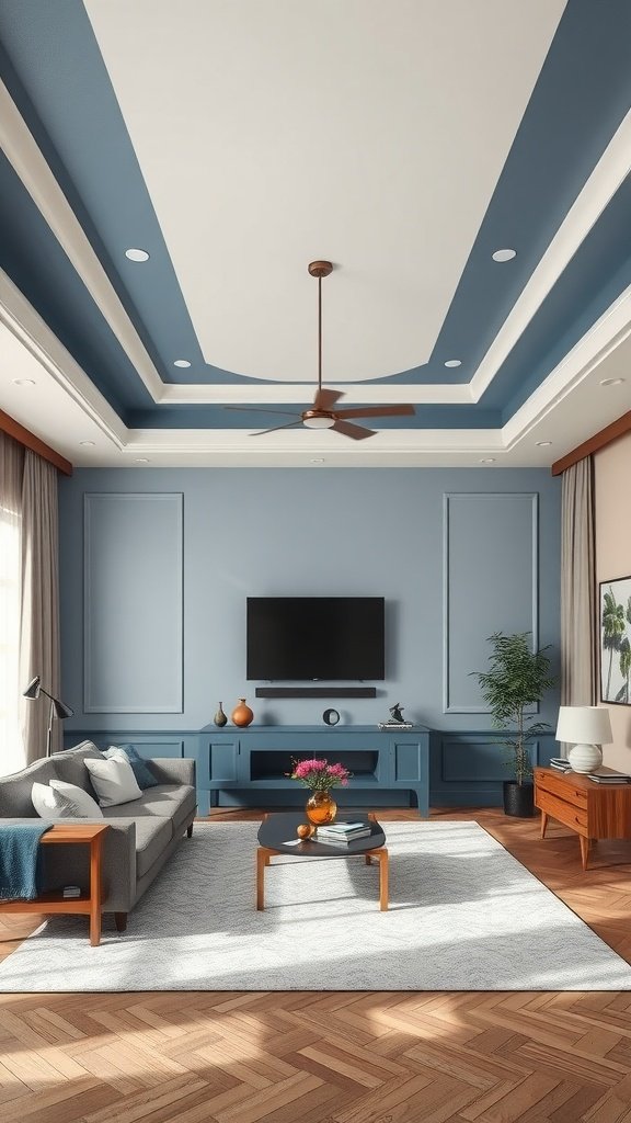 Living room with a two-tone ceiling design featuring blue and white colors.