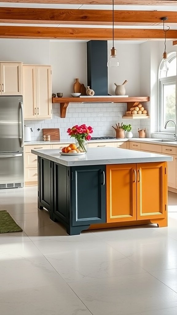A kitchen featuring a two-tone island with navy and orange cabinets.