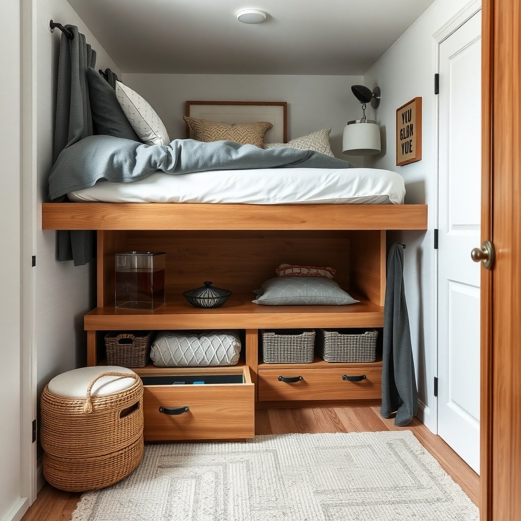 A stylish bedroom with a lofted bed and storage drawers beneath.
