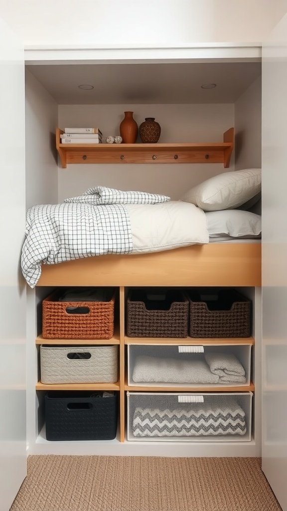 A storage solution under a bed with various bins and blankets organized.
